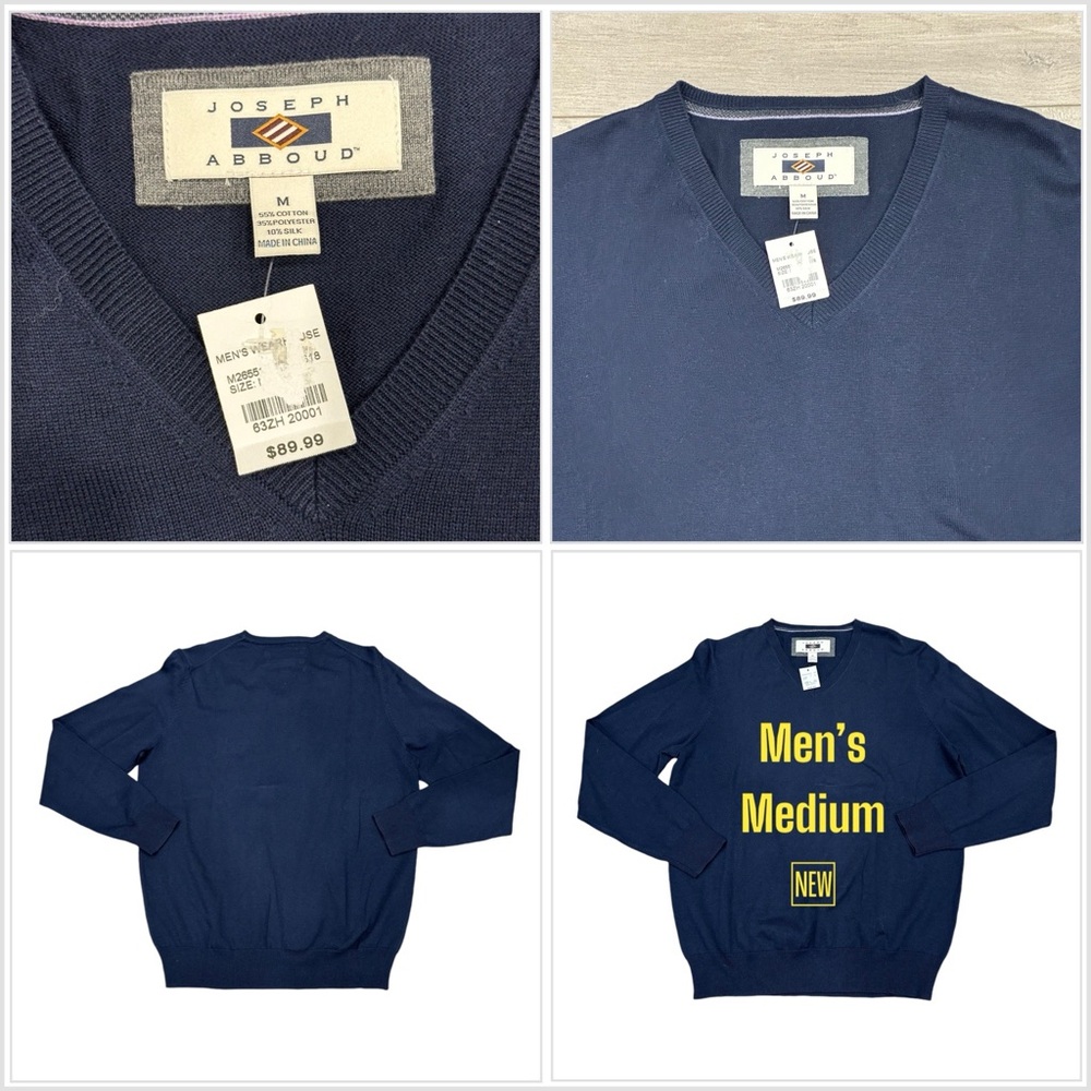 Men's Joseph Abboud Medium V-Neck Sweater Navy Blue Soft Long Sleeve Cotton Silk